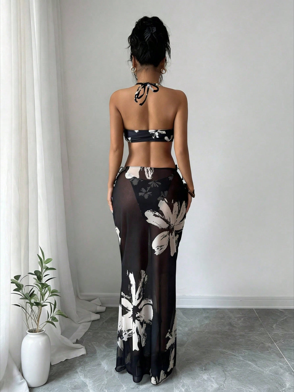 2026 New Luxury Floral Bikini Set, Halter Design & Mesh Side Drawstring Maxi Skirt, Tummy Control Slimming Swimwear