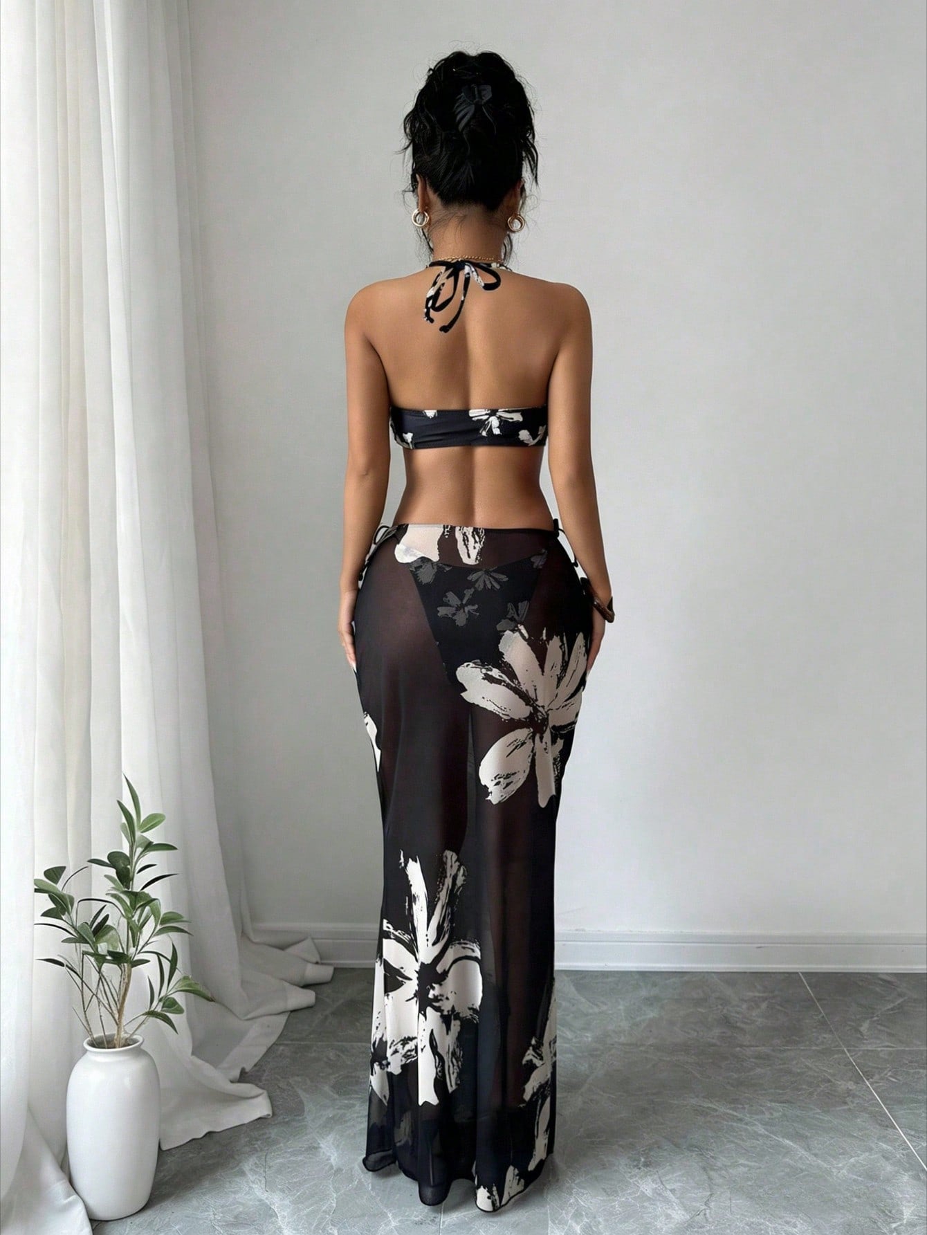 2026 New Luxury Floral Bikini Set, Halter Design & Mesh Side Drawstring Maxi Skirt, Tummy Control Slimming Swimwear