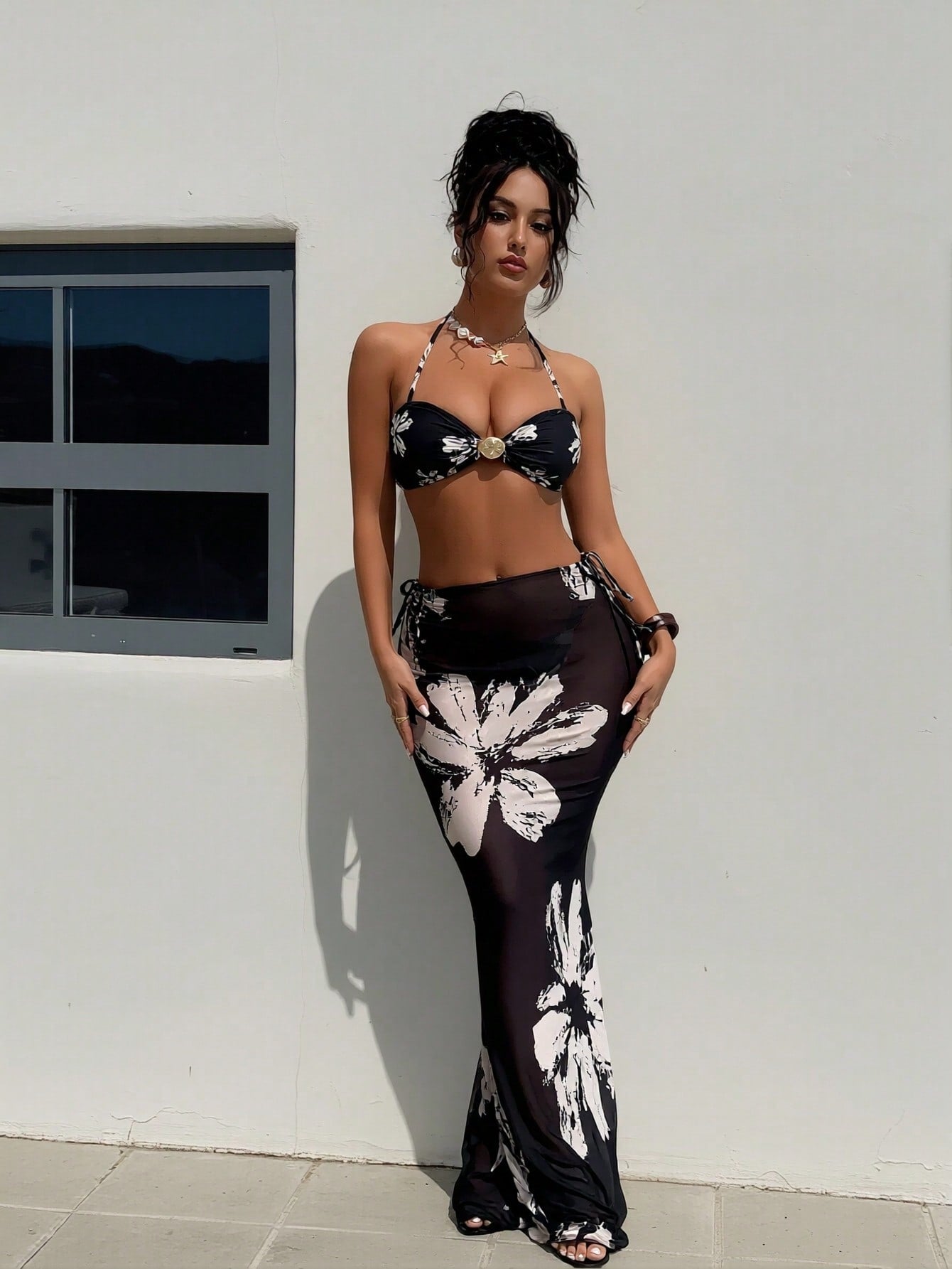 2026 New Luxury Floral Bikini Set, Halter Design & Mesh Side Drawstring Maxi Skirt, Tummy Control Slimming Swimwear
