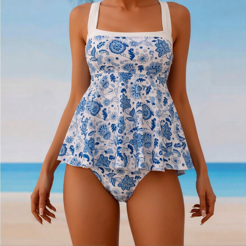 2026 New Blue and White Floral Tankini Swimsuit for Women, Square Neck Ruffled Tummy Control Two Piece Swimwear