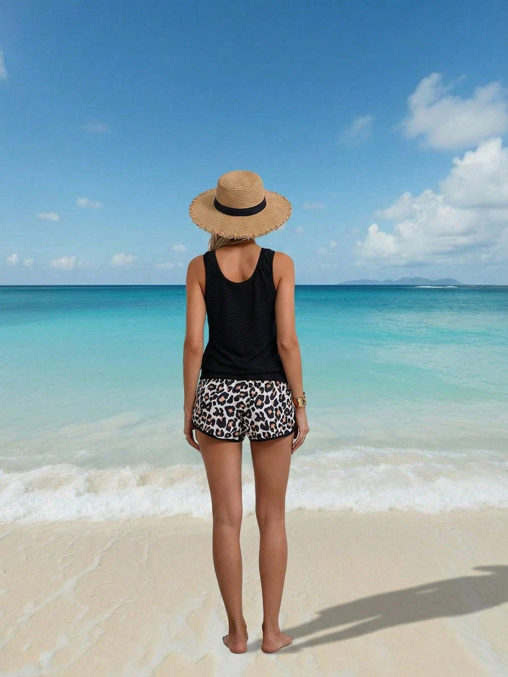 2026 New Unique Color Block Tankini Set, Black Textured Top & Leopard Shorts, Streetwear Tummy-Hiding Swimwear