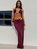 2026 New European Style Sexy Two-Piece Swimwear, Solid 3D Flower & Sheer Maxi Skirt, Beach Vacation Bikini Set
