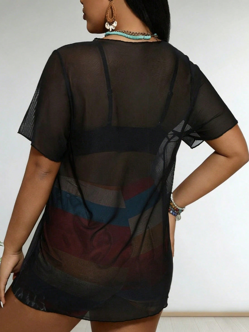2026 New Beach Print Sheer Set, Short Sleeve Cover Up & Rainbow Stripe Shorts, Plus Size Vacation Casual 2 Piece Set