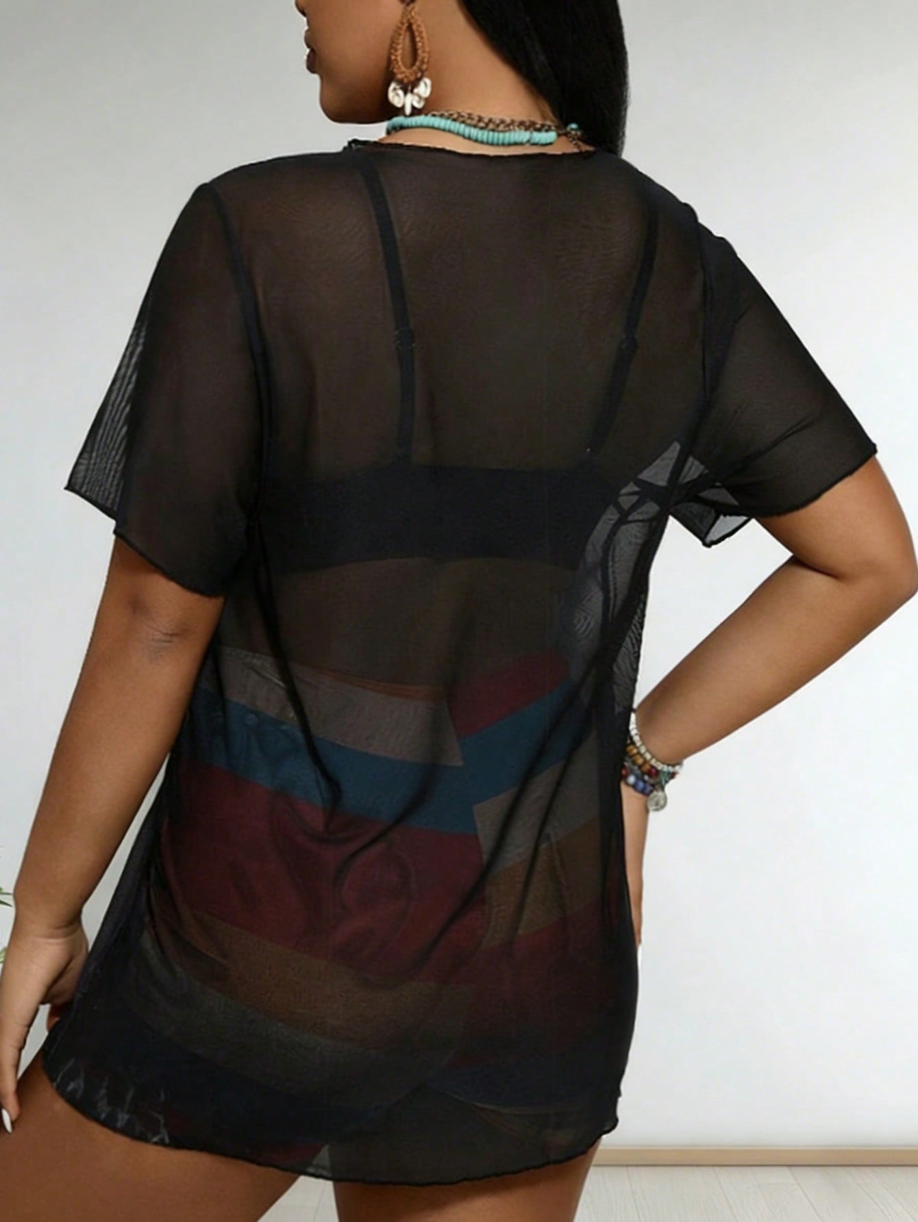 2026 New Beach Print Sheer Set, Short Sleeve Cover Up & Rainbow Stripe Shorts, Plus Size Vacation Casual 2 Piece Set