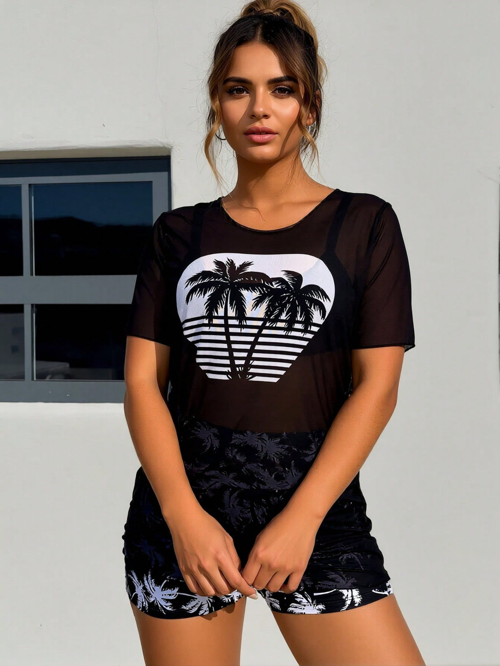 2026 New Coconut Tree Print 3 Piece Set, Sheer Mesh Cover Up & Print Skirted Bottom & Shorts, Vacation Casual Swimwear Set
