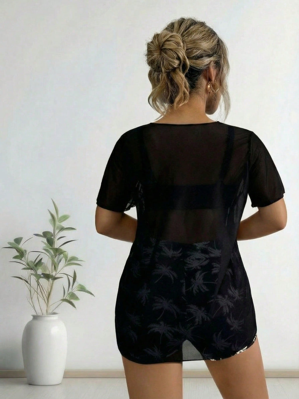 2026 New Coconut Tree Print 3 Piece Set, Sheer Mesh Cover Up & Print Skirted Bottom & Shorts, Vacation Casual Swimwear Set