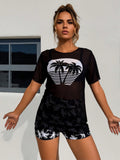 2026 New Coconut Tree Print 3 Piece Set, Sheer Mesh Cover Up & Print Skirted Bottom & Shorts, Vacation Casual Swimwear Set