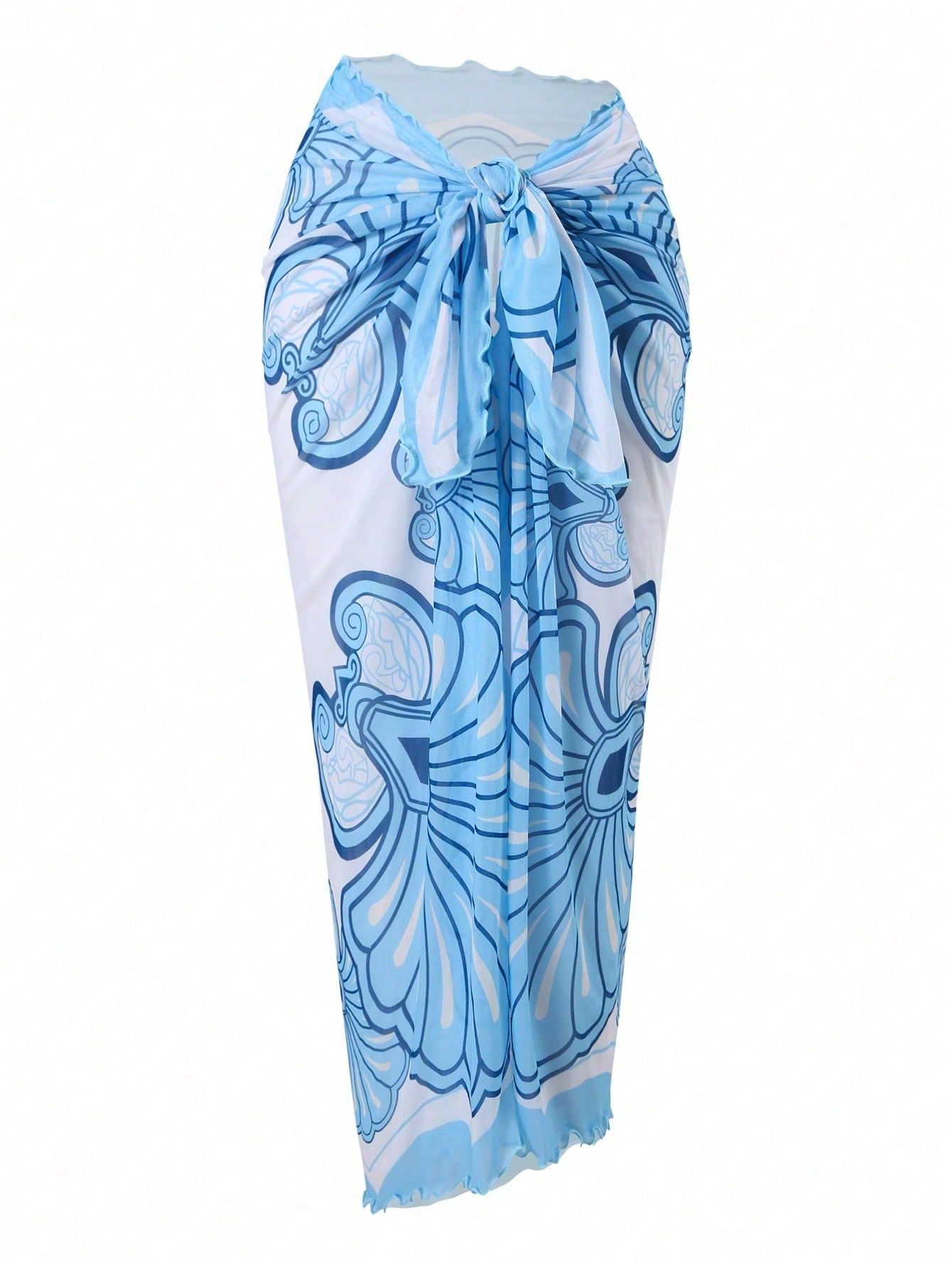 2026 New Starfish Decor One-Piece Swimsuit & Blue White Print Cover Up Skirt, Tummy Control Slimming Vacation Swimwear Set