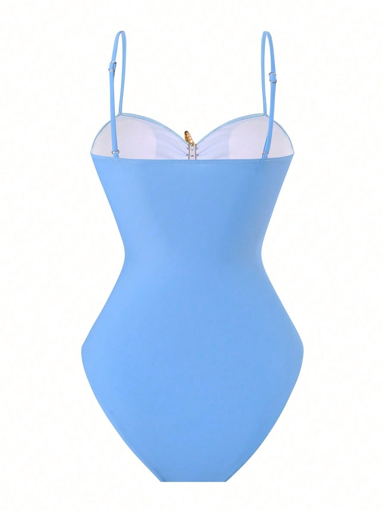 2026 New Starfish Decor One-Piece Swimsuit & Blue White Print Cover Up Skirt, Tummy Control Slimming Vacation Swimwear Set