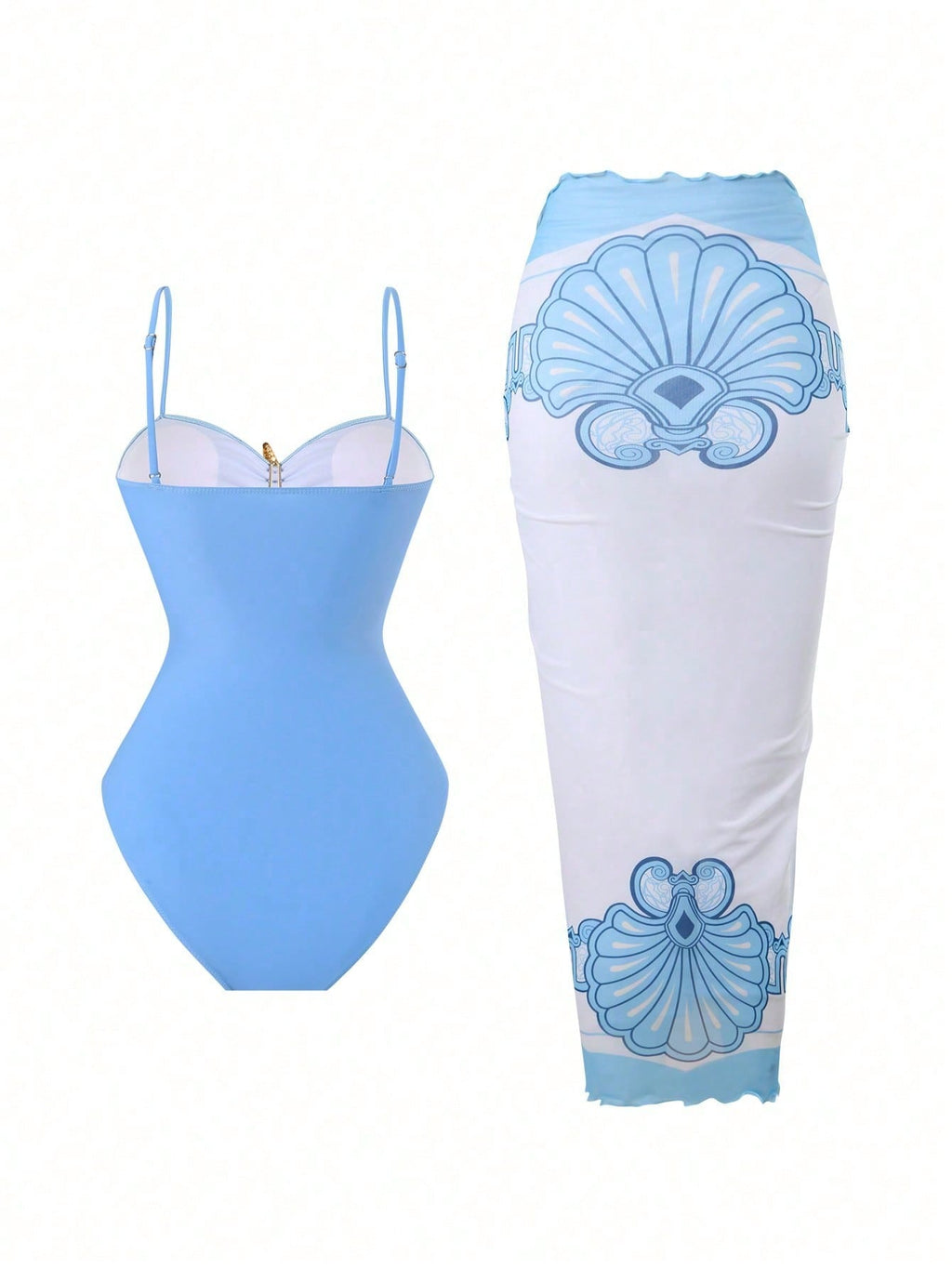 2026 New Starfish Decor One-Piece Swimsuit & Blue White Print Cover Up Skirt, Tummy Control Slimming Vacation Swimwear Set