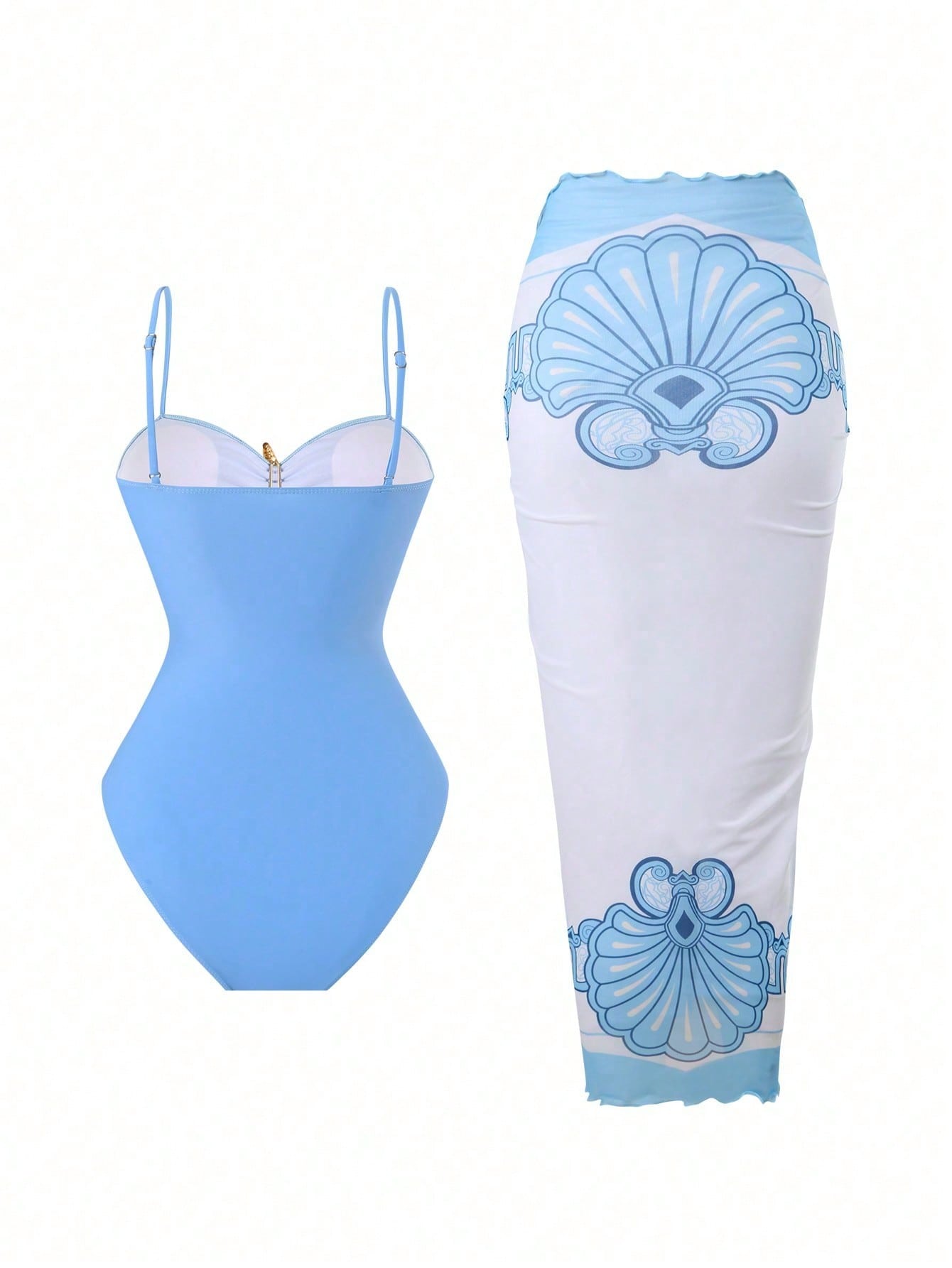2026 New Starfish Decor One-Piece Swimsuit & Blue White Print Cover Up Skirt, Tummy Control Slimming Vacation Swimwear Set