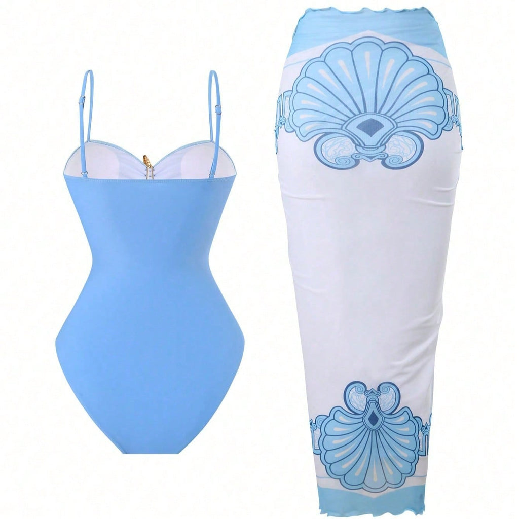 2026 New Starfish Decor One-Piece Swimsuit & Blue White Print Cover Up Skirt, Tummy Control Slimming Vacation Swimwear Set