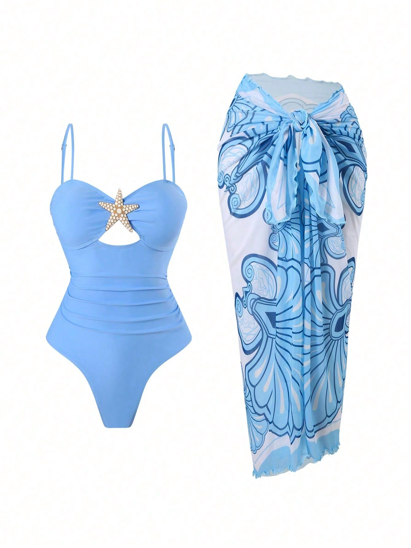 2026 New Starfish Decor One-Piece Swimsuit & Blue White Print Cover Up Skirt, Tummy Control Slimming Vacation Swimwear Set