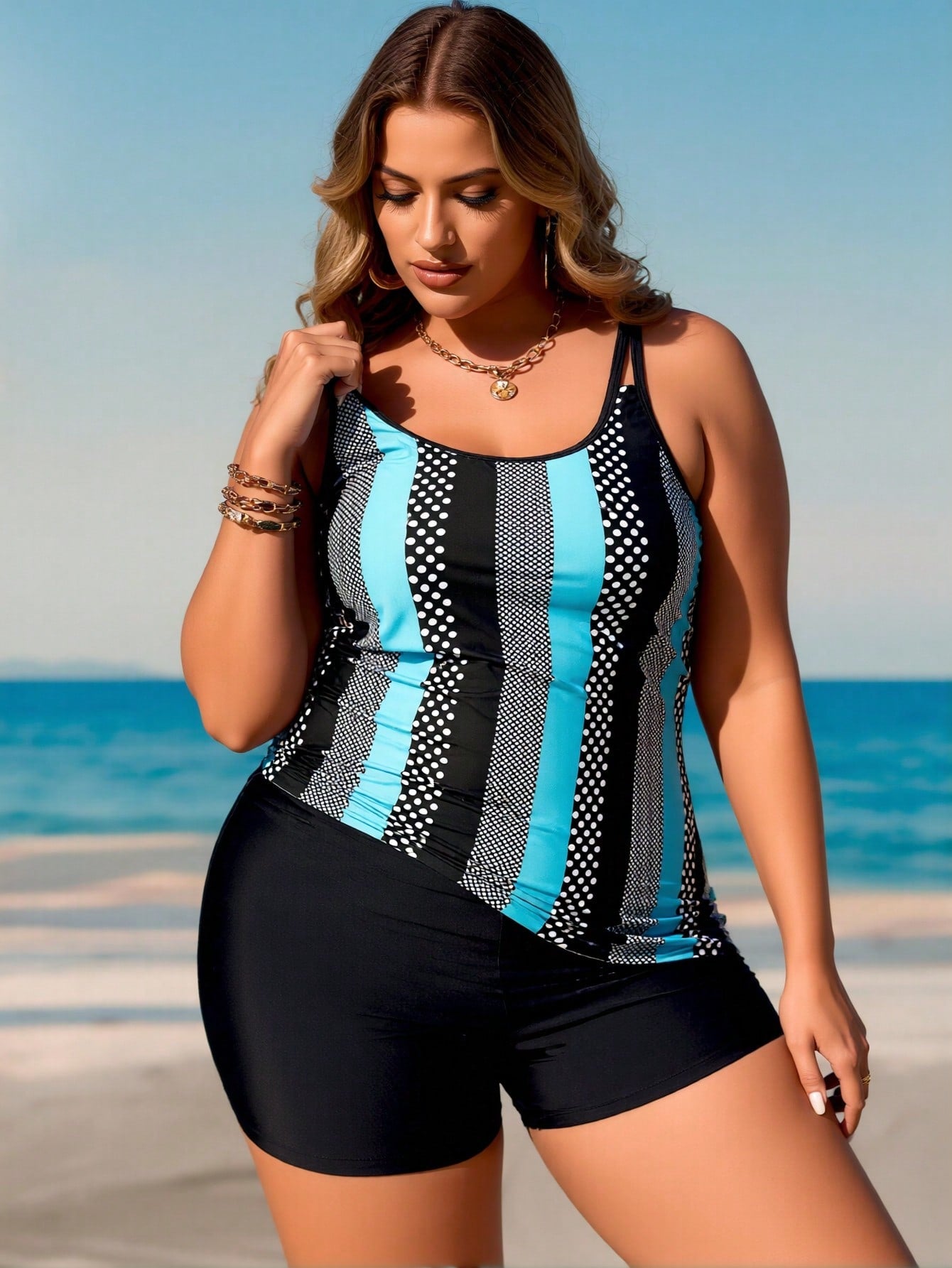 Plus Size Turquoise Polka Dot Stripe Tankini Swimsuits For Women