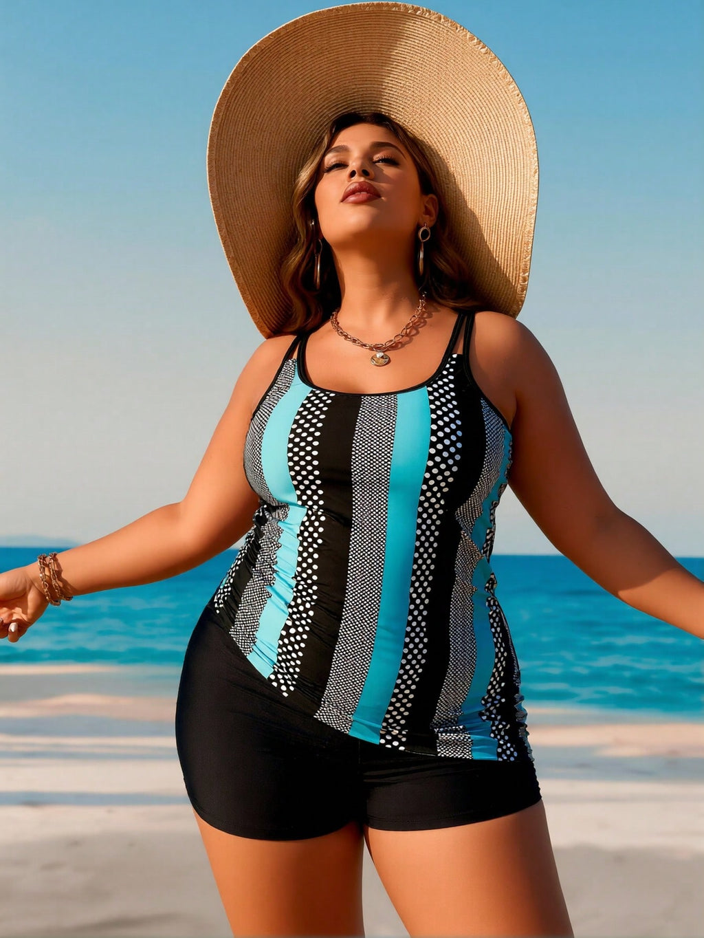 Plus Size Turquoise Polka Dot Stripe Tankini Swimsuits For Women