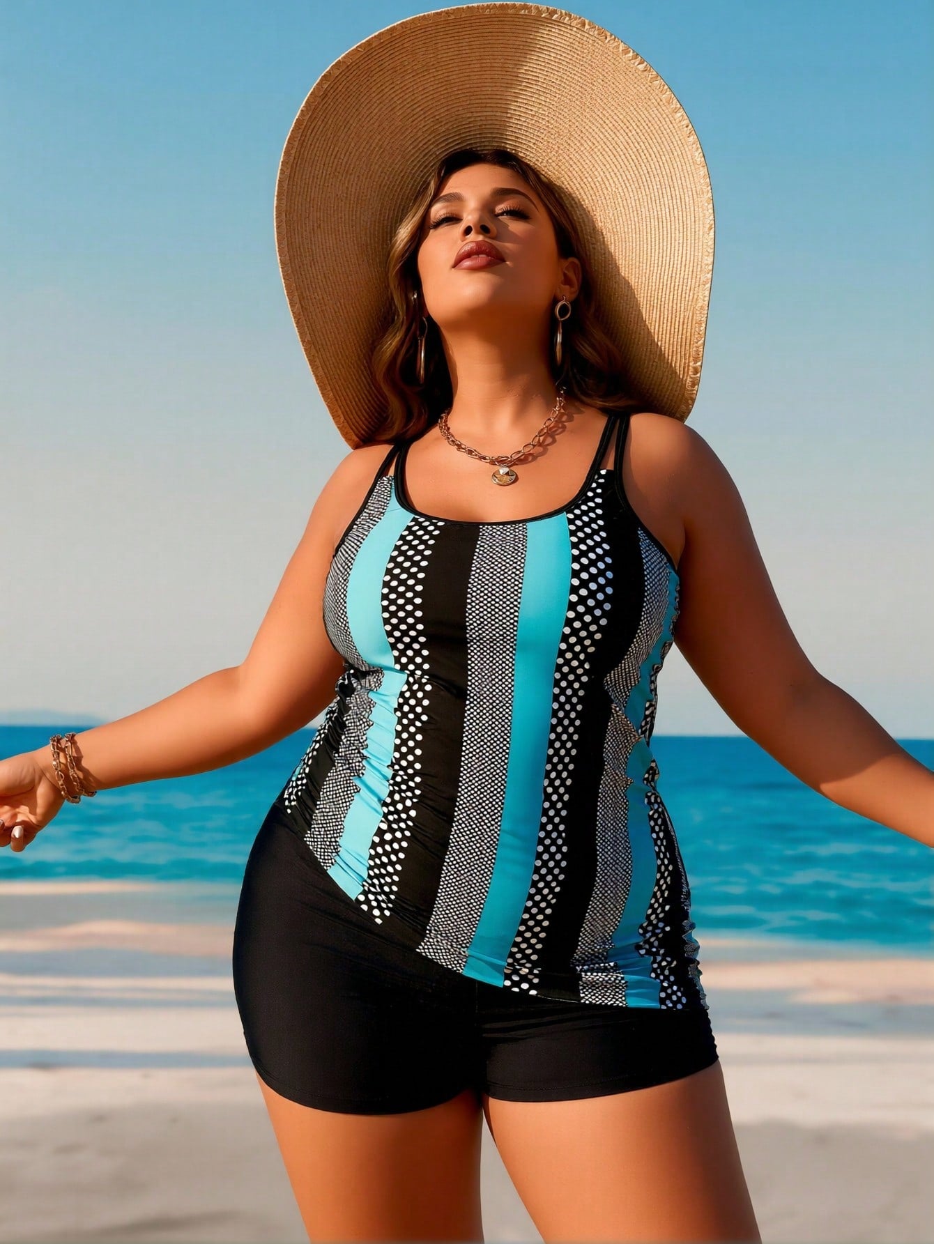 Plus Size Turquoise Polka Dot Stripe Tankini Swimsuits For Women