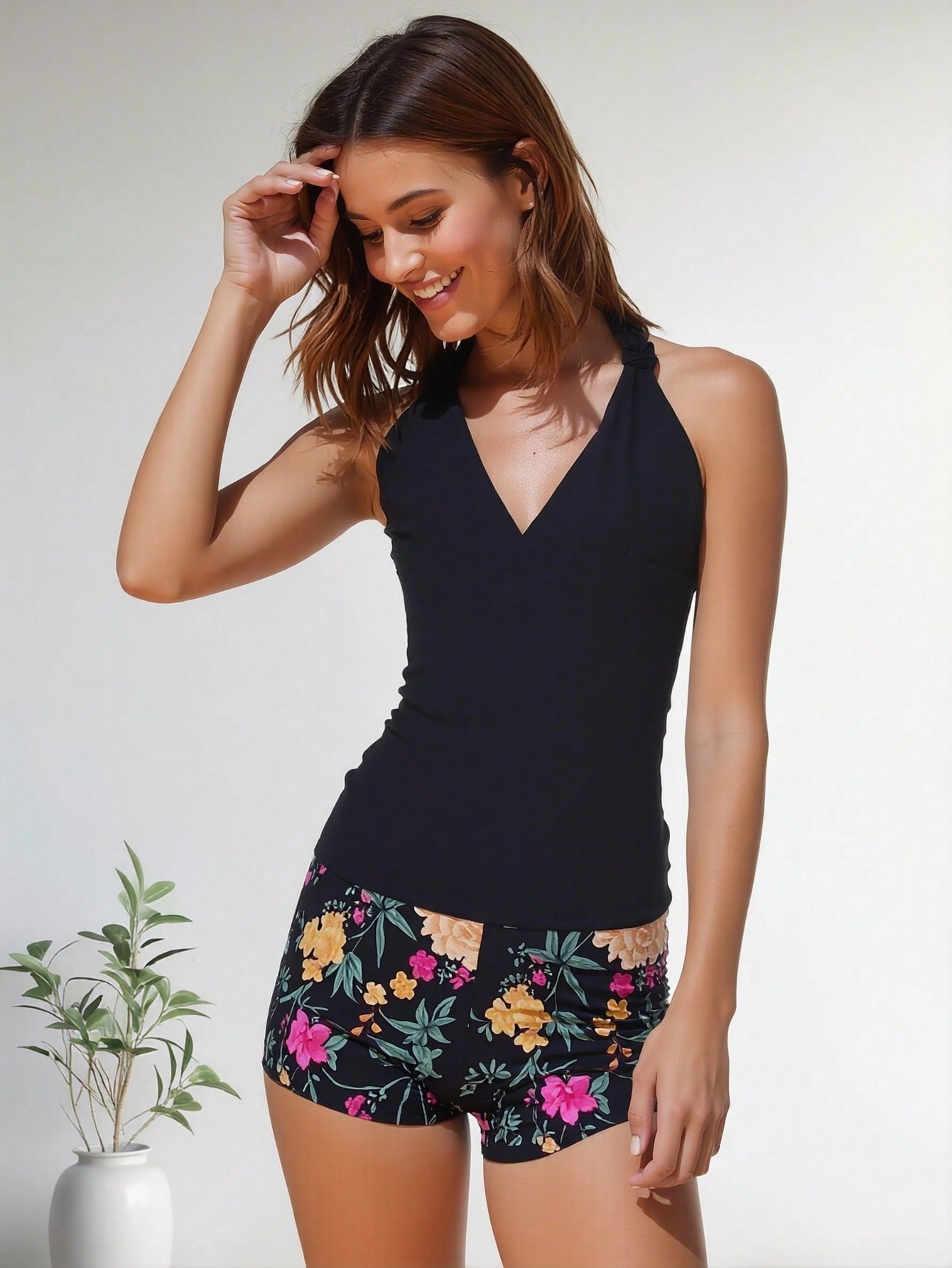 2026 New Halter Tankini Swimsuit For Women, Black V Neck Top With Floral Shorts, Tummy Control Two Piece Swimwear