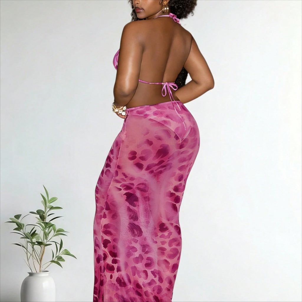 2026 New Magenta Leopard Print Bikini 2 Piece Set, Halter Triangle Top & Mesh Maxi Skirt, Sexy Vacation Swimwear Set