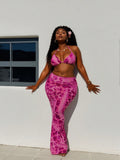 2026 New Magenta Leopard Print Bikini 2 Piece Set, Halter Triangle Top & Mesh Maxi Skirt, Sexy Vacation Swimwear Set