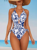 2026 New Porcelain Print Cutout One Piece Swimsuit for Women, Halter Waist Cutout Side Tie Sexy Beach Swimwear