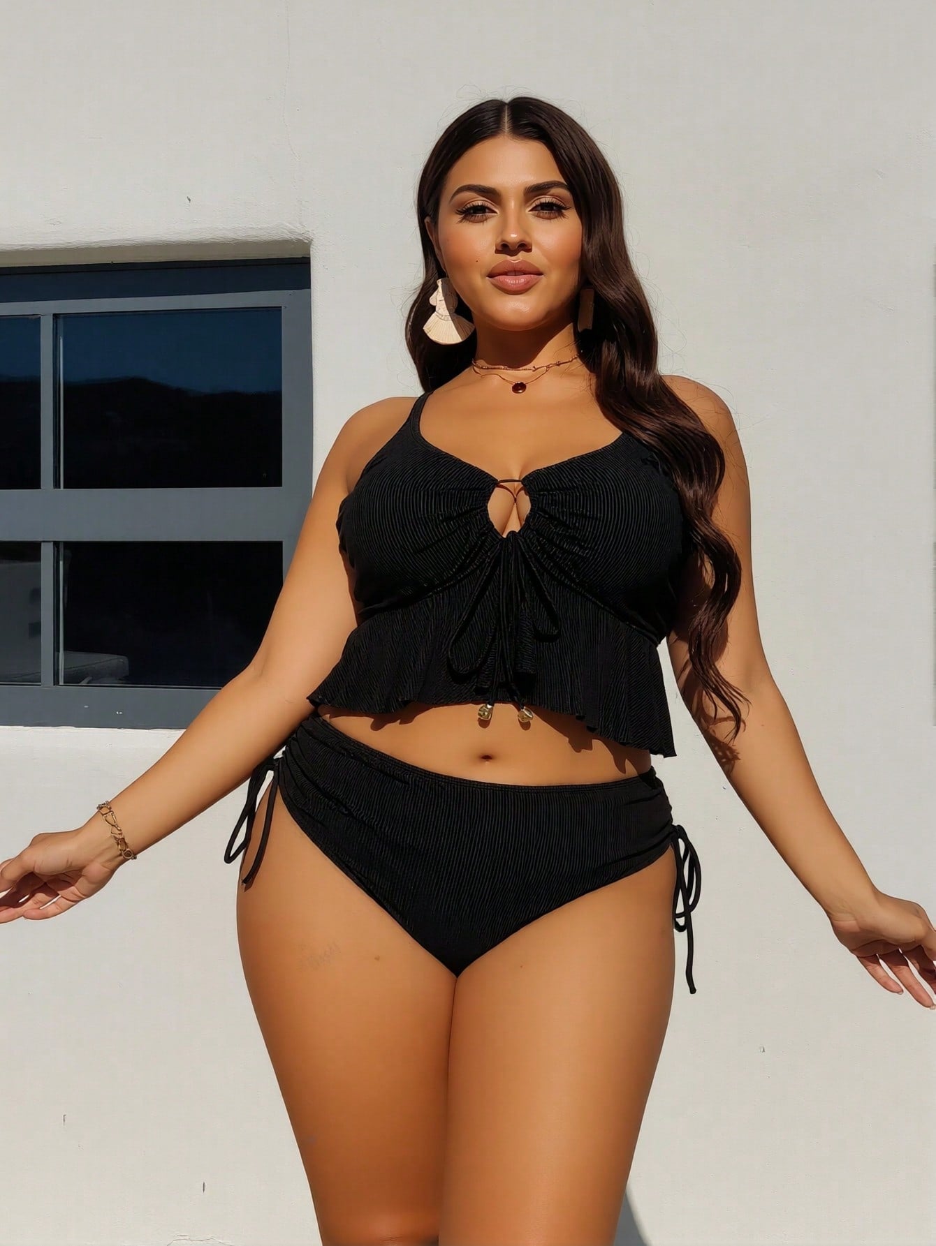 Plus Size Black Ribbed Cutout Ruffle Hem Bikini Set