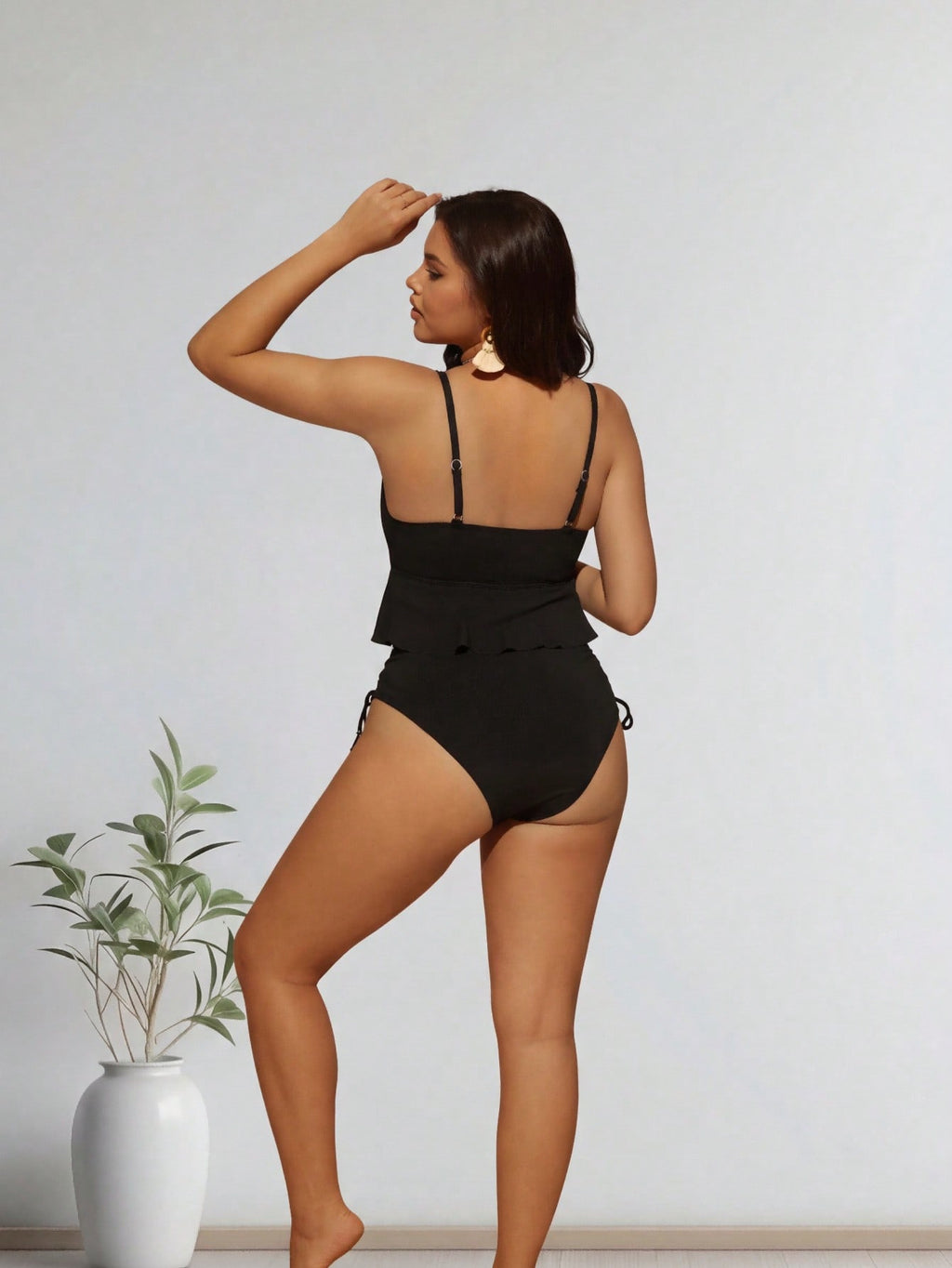 Plus Size Black Ribbed Cutout Ruffle Hem Bikini Set