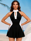 2026 New Color Block Swim Dress For Women, Halter Cutout Tummy Control Modest One Piece Swimsuit