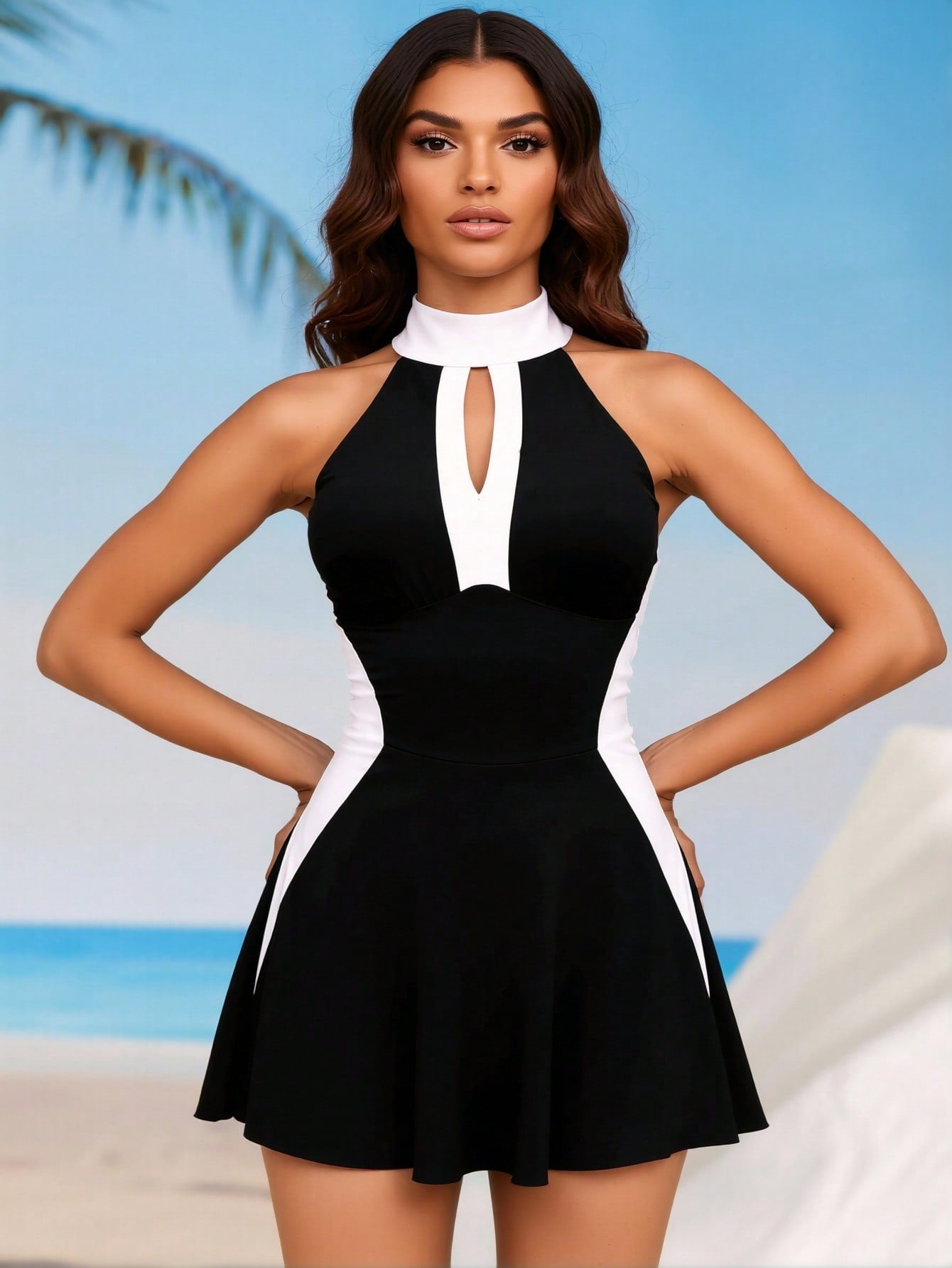 2026 New Color Block Swim Dress For Women, Halter Cutout Tummy Control Modest One Piece Swimsuit