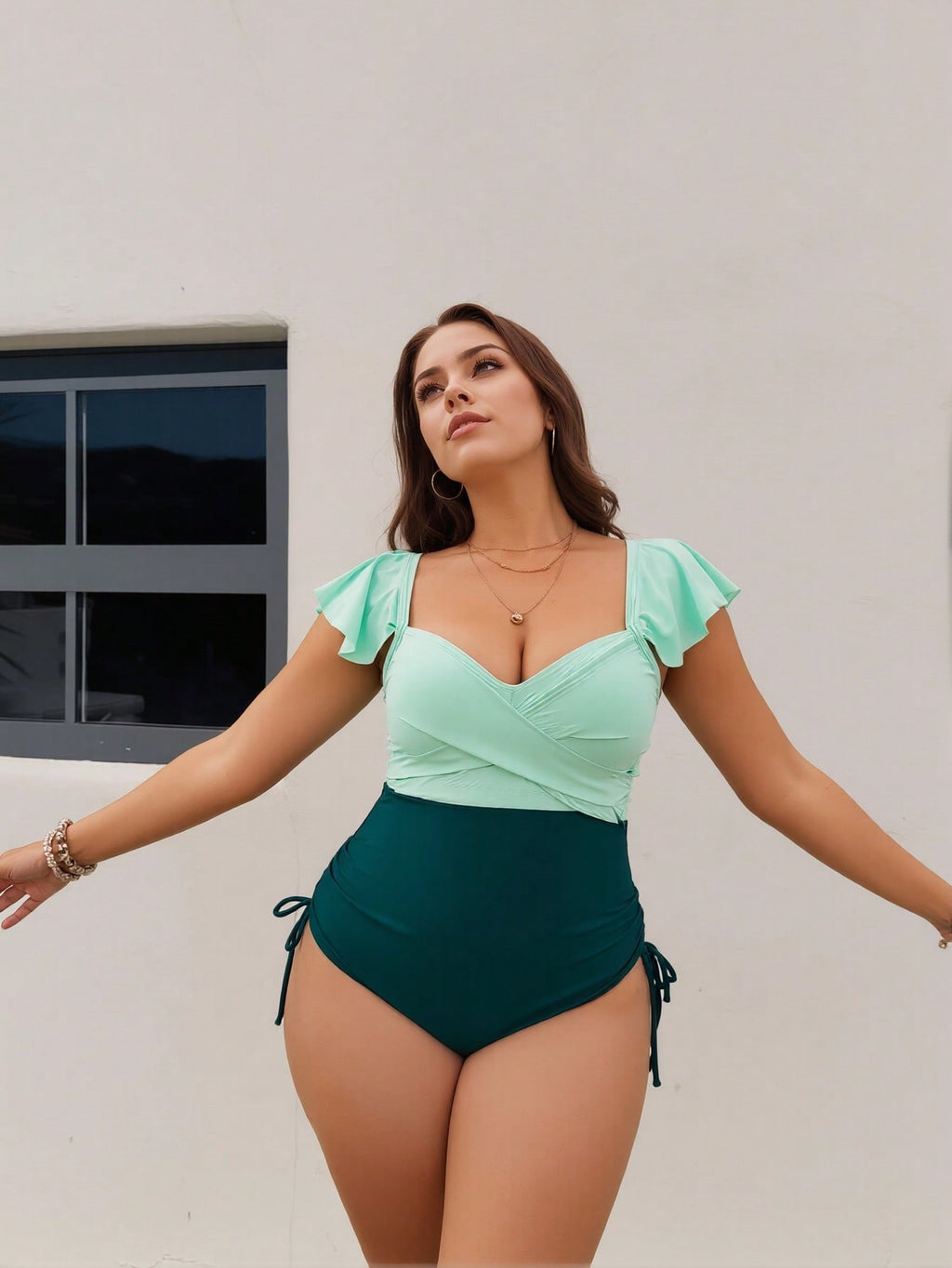 Plus Size Mint Green Ruffle Sleeve Color Block One Piece Swimsuits