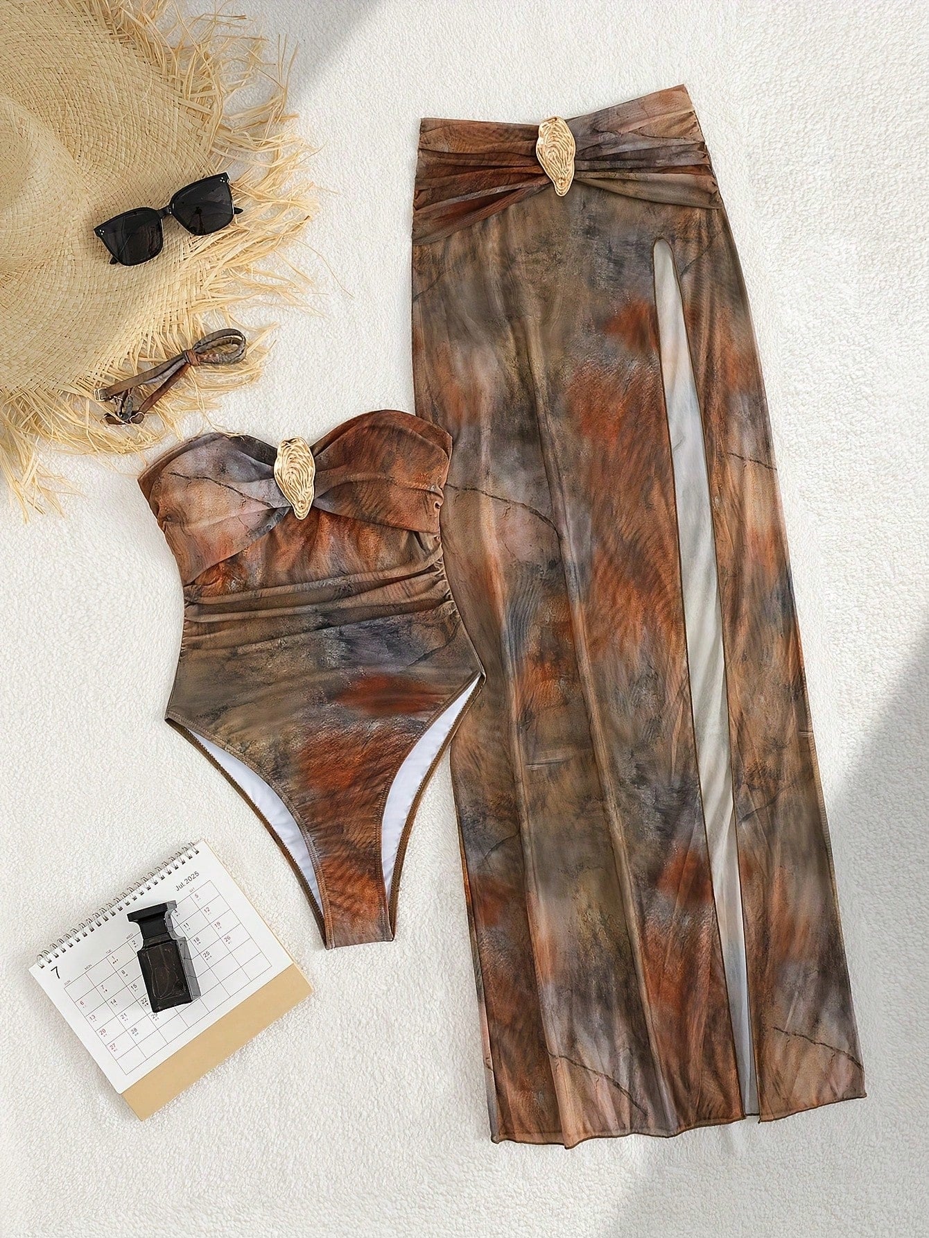 2026 New Tie-Dye Bandeau One-Piece Swimsuit & Slit Cover Up Skirt, Metal Buckle Decor Tummy Control Slimming Vacation Swimwear Set