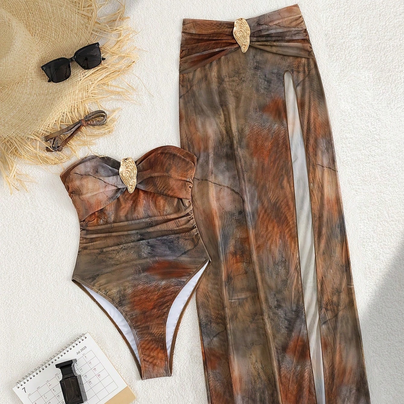 2026 New Tie-Dye Bandeau One-Piece Swimsuit & Slit Cover Up Skirt, Metal Buckle Decor Tummy Control Slimming Vacation Swimwear Set