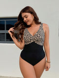 Plus Size Mint Green Ruffle Sleeve Color Block One Piece Swimsuits