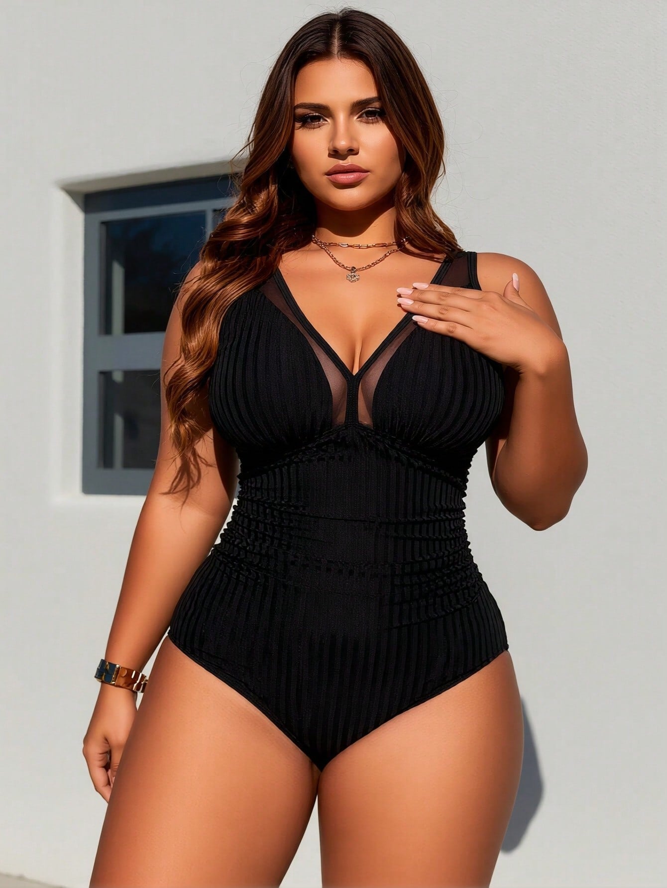 Plus Size Black Ribbed Sheer Mesh V Neck Ruched One Piece Swimsuits For Women