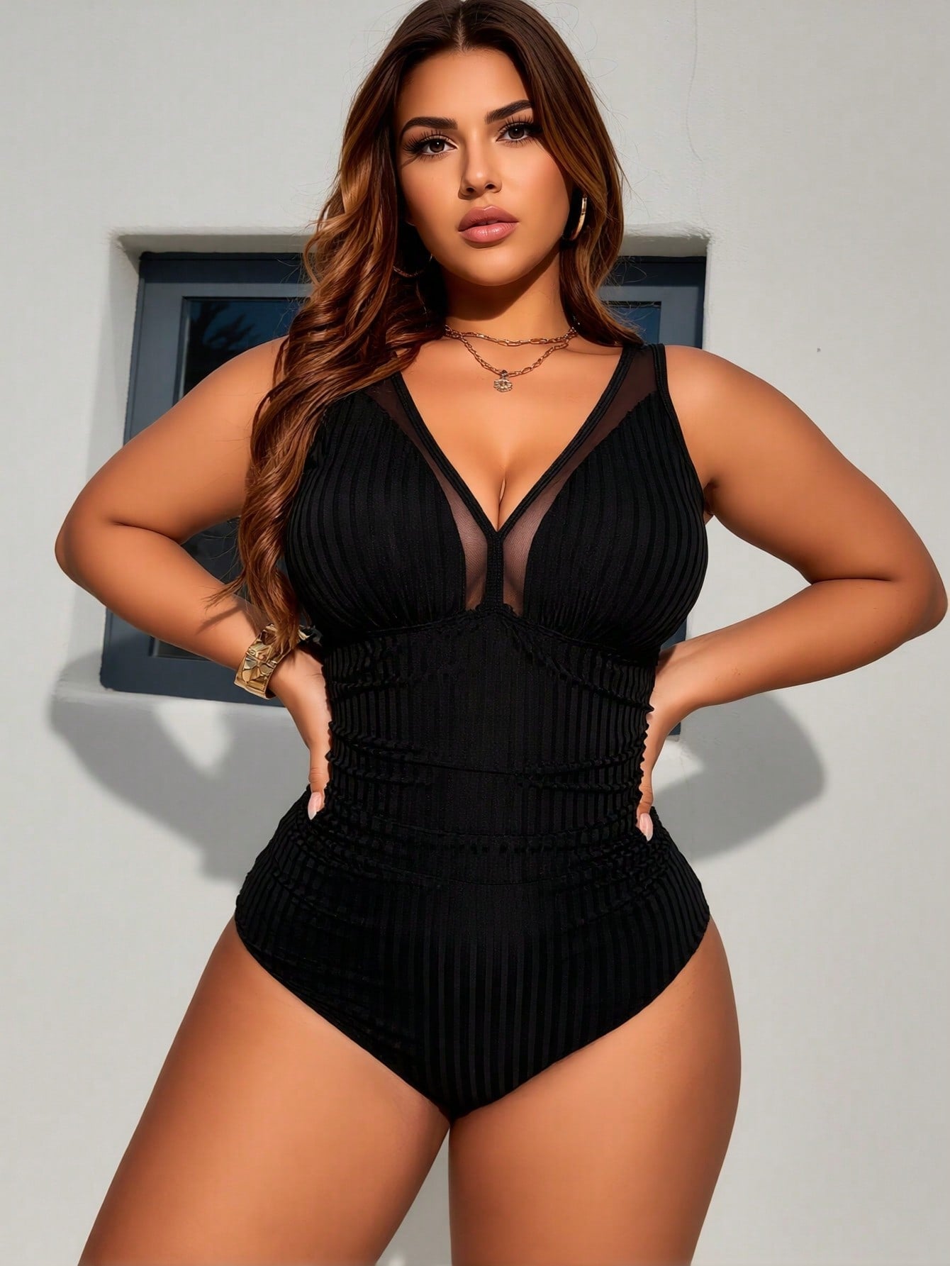 Plus Size Black Ribbed Sheer Mesh V Neck Ruched One Piece Swimsuits For Women