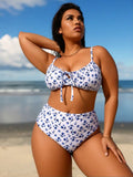 2026 New Plus Size Blue White Floral Bikini, High Waist Tummy Control Two Piece Swimsuit