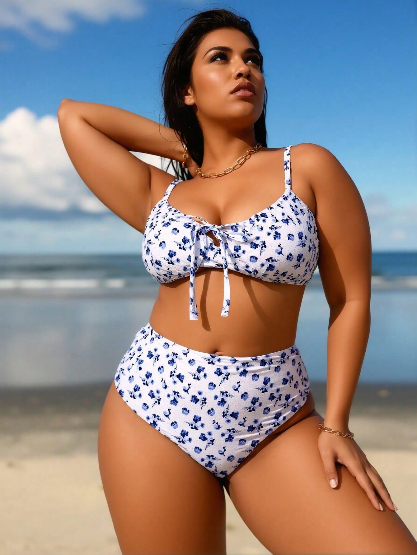 2026 New Plus Size Blue White Floral Bikini, High Waist Tummy Control Two Piece Swimsuit