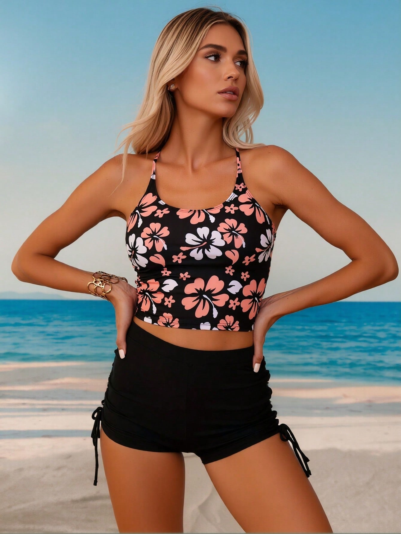 2026 New Hibiscus Print Two-Piece Swimwear, Halter Cami Top & Drawstring High Waist Shorts, Tummy Control Slimming Vacation Set