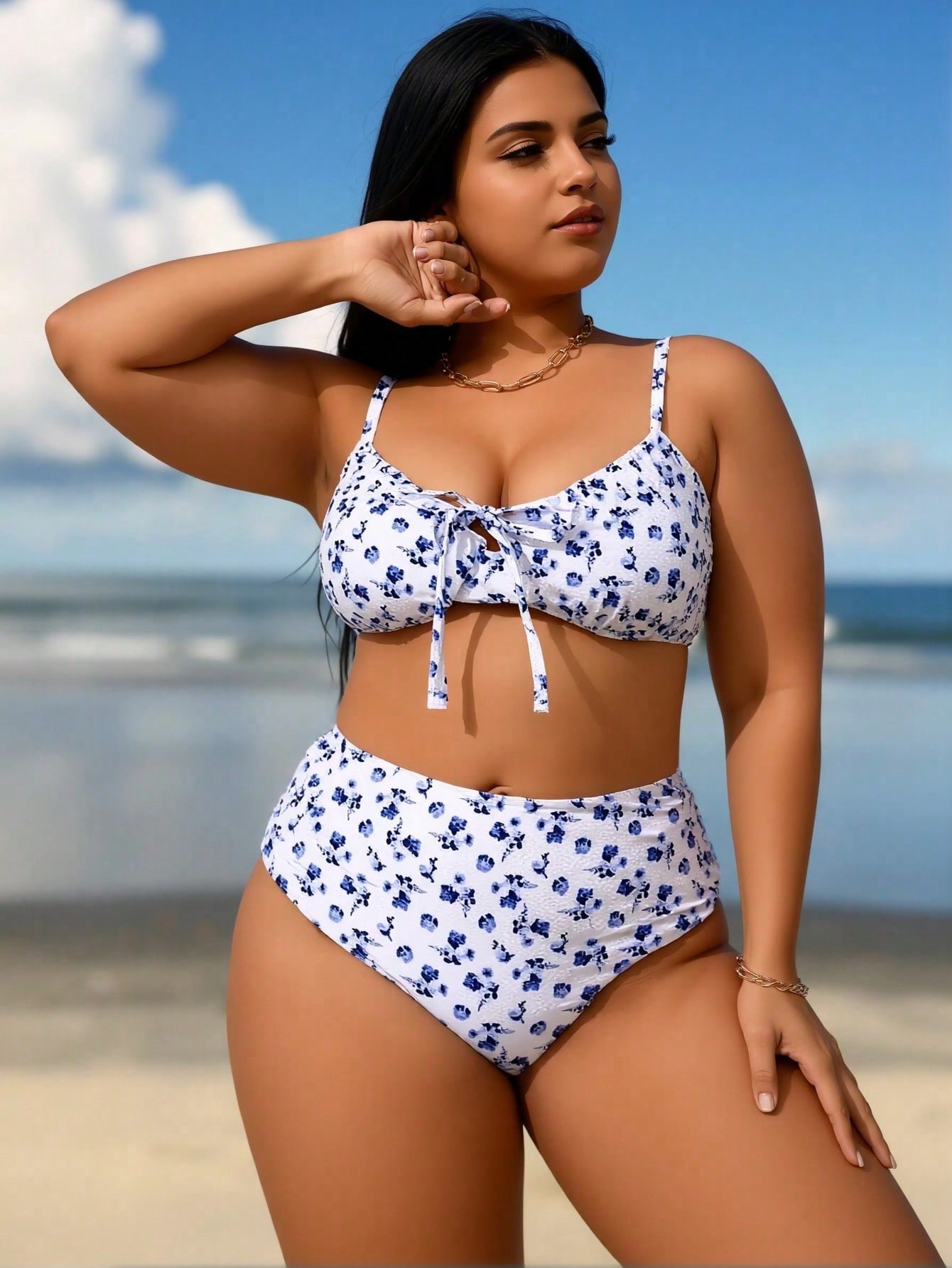 2026 New Plus Size Blue White Floral Bikini, High Waist Tummy Control Two Piece Swimsuit