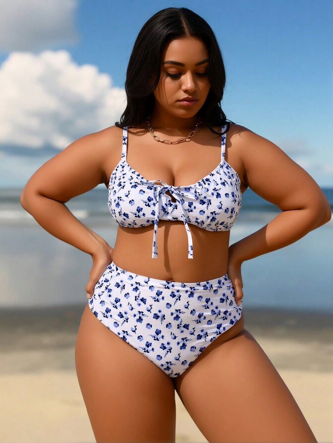 2026 New Plus Size Blue White Floral Bikini, High Waist Tummy Control Two Piece Swimsuit