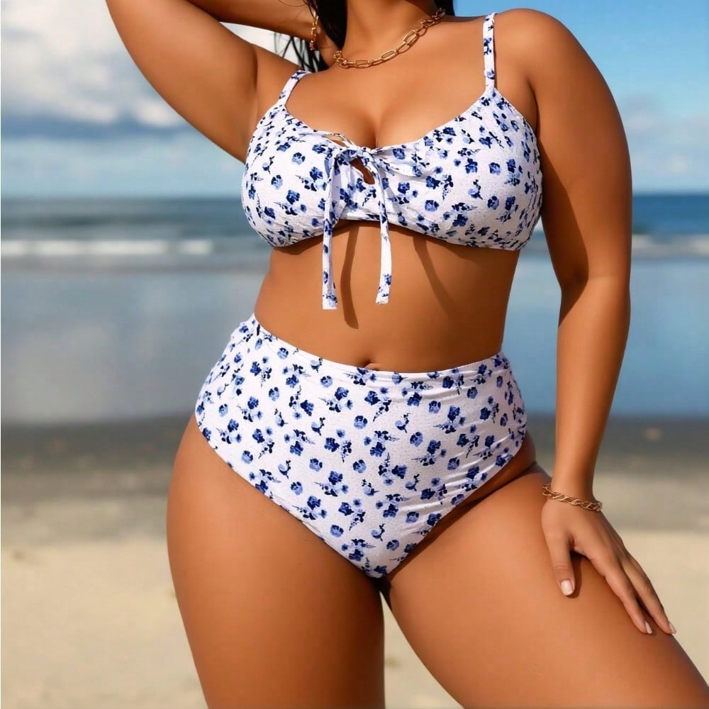 2026 New Plus Size Blue White Floral Bikini, High Waist Tummy Control Two Piece Swimsuit