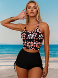 2026 New Hibiscus Print Two-Piece Swimwear, Halter Cami Top & Drawstring High Waist Shorts, Tummy Control Slimming Vacation Set
