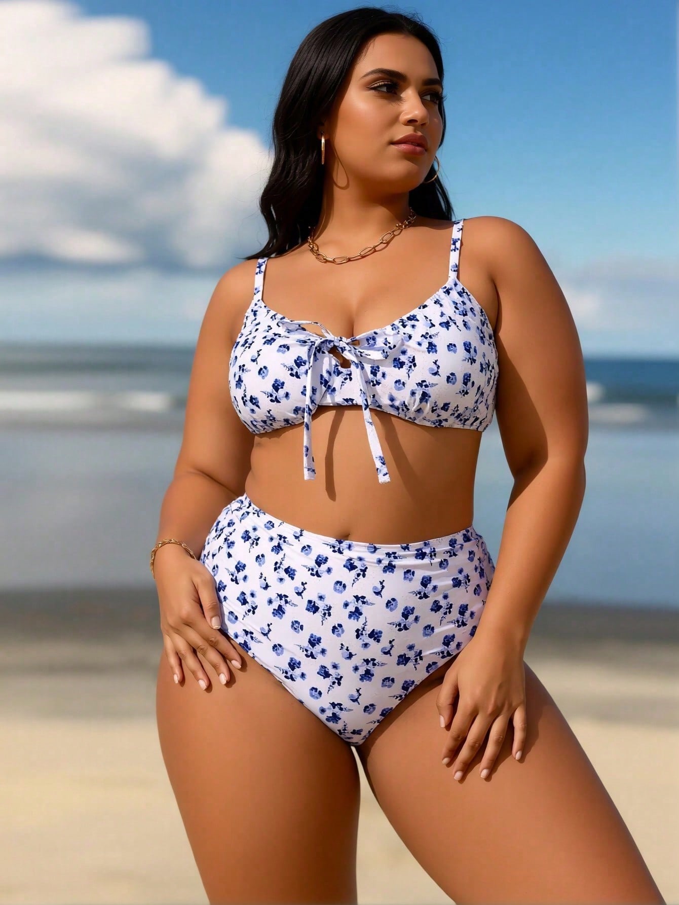 2026 New Plus Size Blue White Floral Bikini, High Waist Tummy Control Two Piece Swimsuit