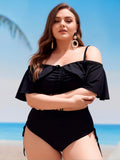 2026 New Plus Size Black Off Shoulder Bikini, High Waist Drawstring Tummy Control Two Piece Swimsuit