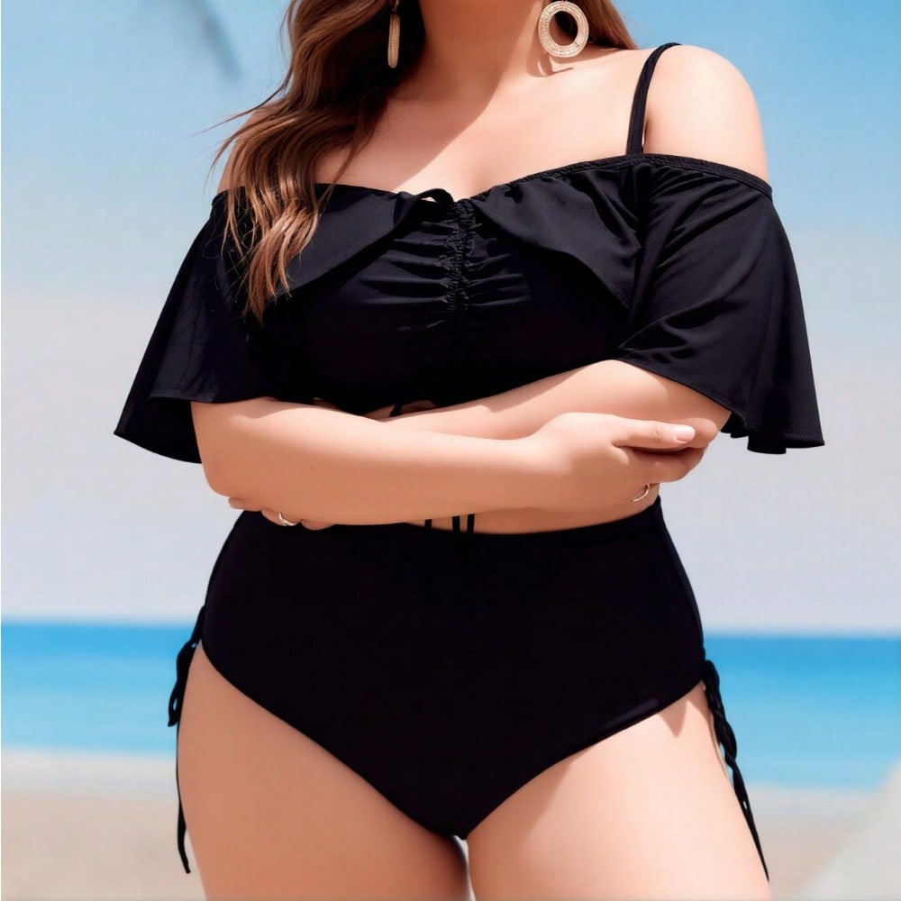 2026 New Plus Size Black Off Shoulder Bikini, High Waist Drawstring Tummy Control Two Piece Swimsuit