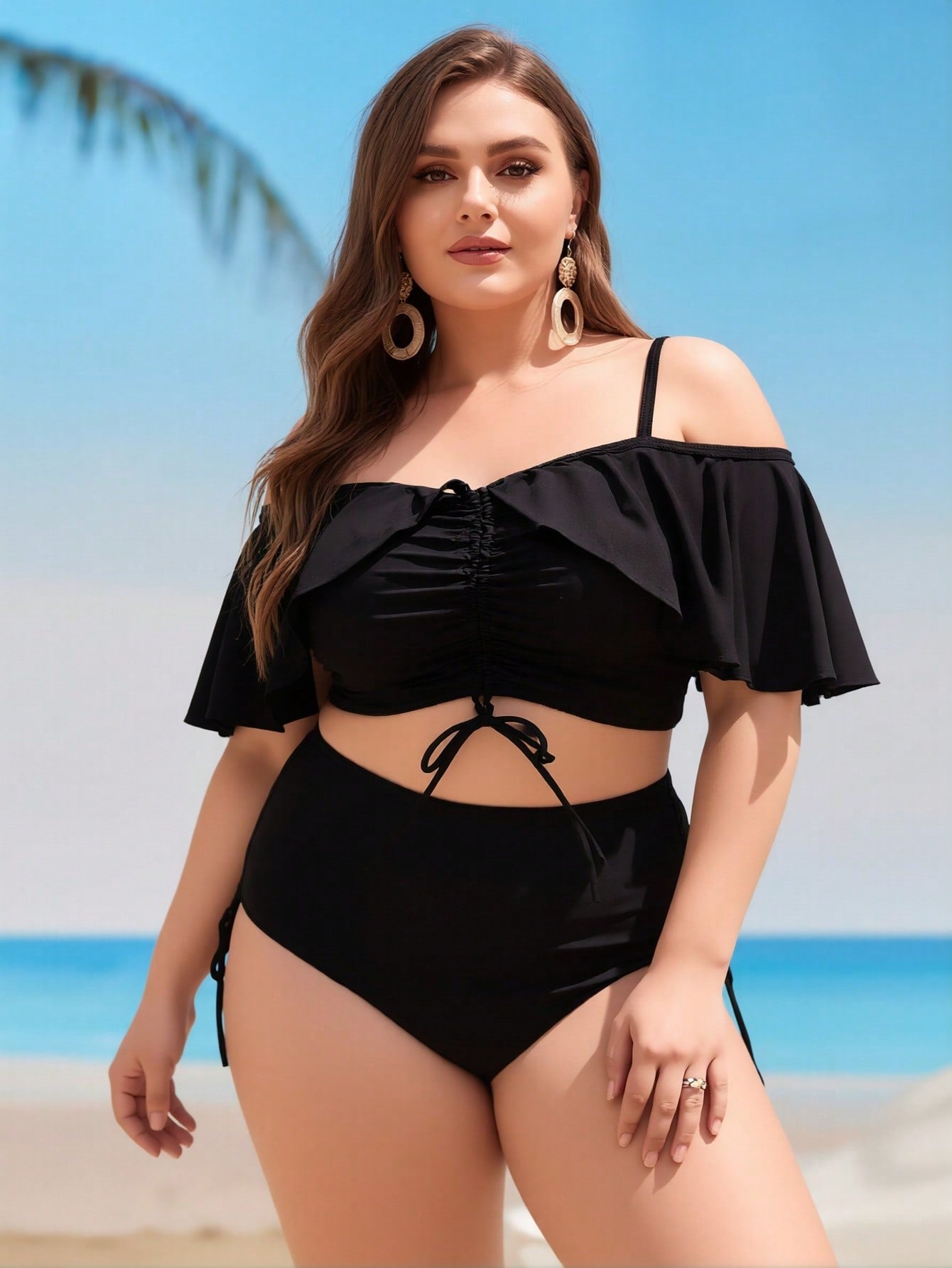 2026 New Plus Size Black Off Shoulder Bikini, High Waist Drawstring Tummy Control Two Piece Swimsuit