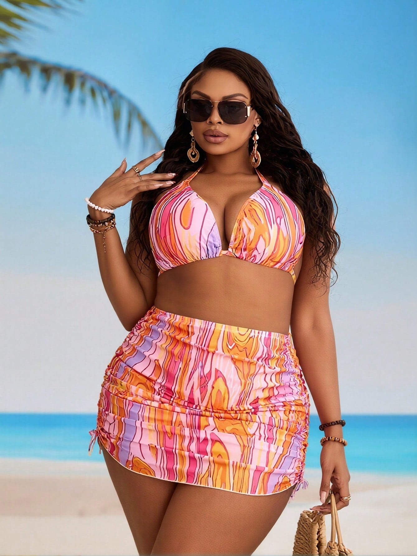 2026 New Pink Orange Gradient Halter Bikini Set With Drawstring Skirt Cover Up, 3 Piece Vacation Swimwear