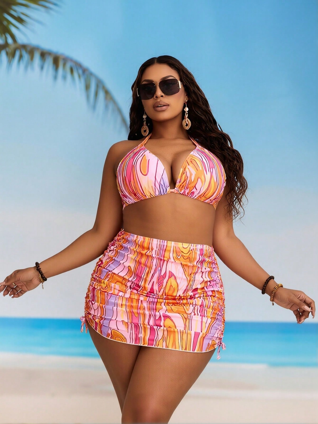 2026 New Pink Orange Gradient Halter Bikini Set With Drawstring Skirt Cover Up, 3 Piece Vacation Swimwear