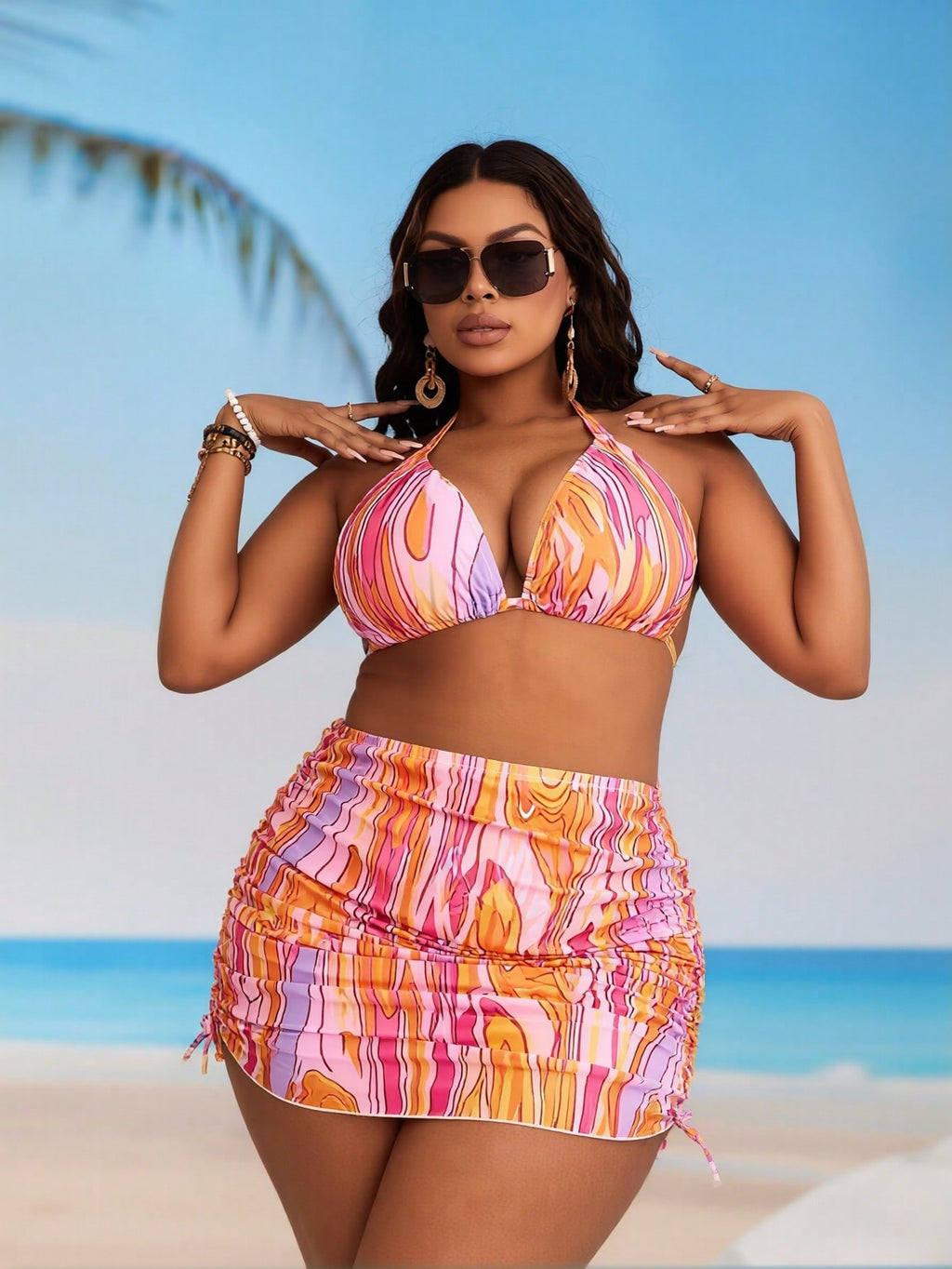 2026 New Pink Orange Gradient Halter Bikini Set With Drawstring Skirt Cover Up, 3 Piece Vacation Swimwear