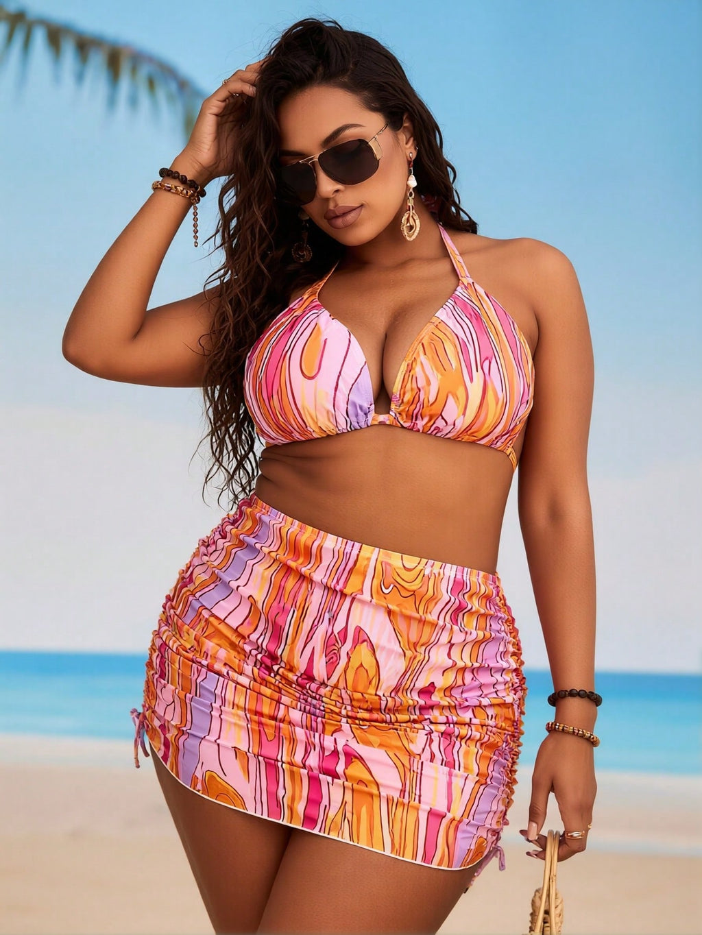 2026 New Pink Orange Gradient Halter Bikini Set With Drawstring Skirt Cover Up, 3 Piece Vacation Swimwear