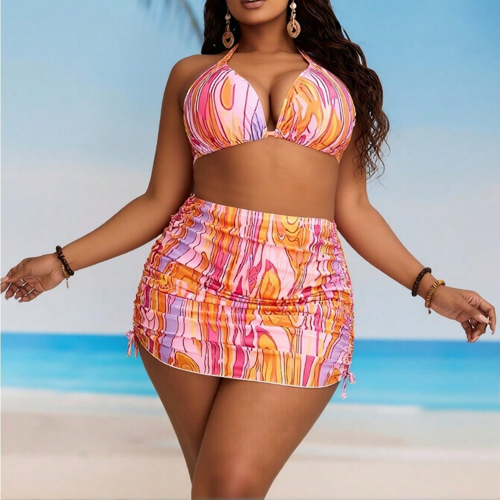 2026 New Pink Orange Gradient Halter Bikini Set With Drawstring Skirt Cover Up, 3 Piece Vacation Swimwear